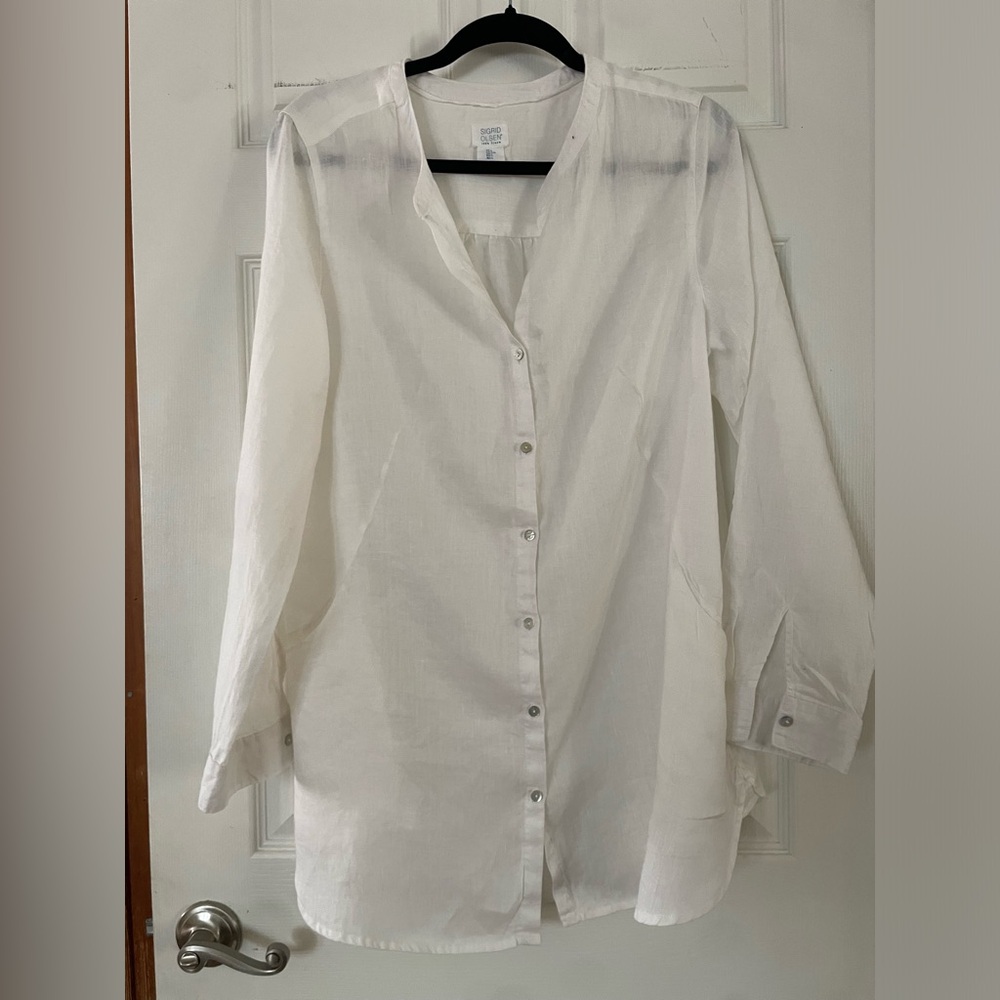 Sigrid Olsen Linen White Long-Sleeve Casual Button-Down Shirt with Pockets